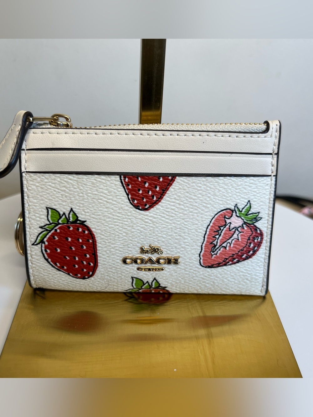 Coach White Leather Wallet with Red Strawberry Print with key chain Like New